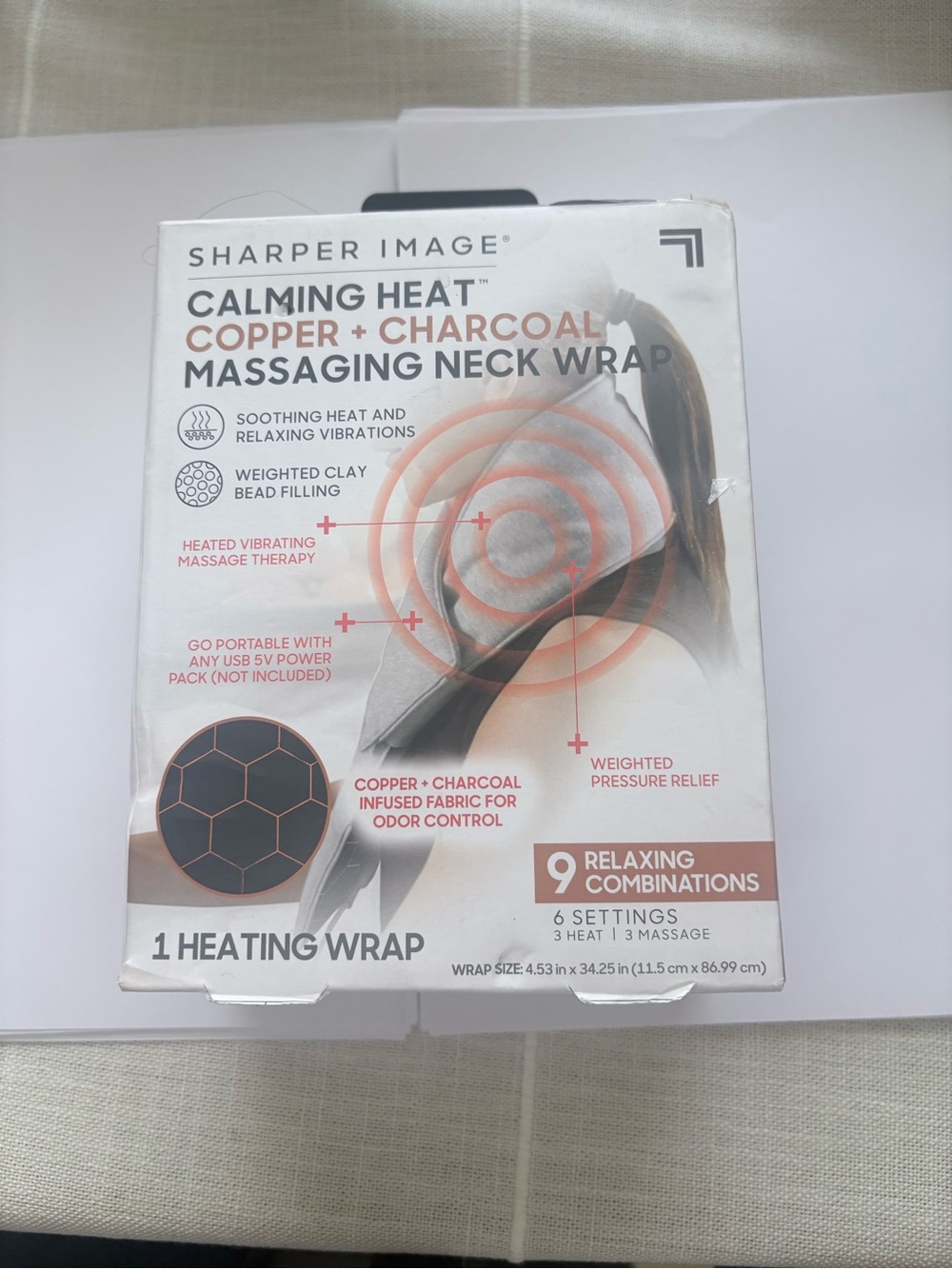 Sharper Image Gray and White Calming Heat Copper + Charcoal Massaging Neck Wrap